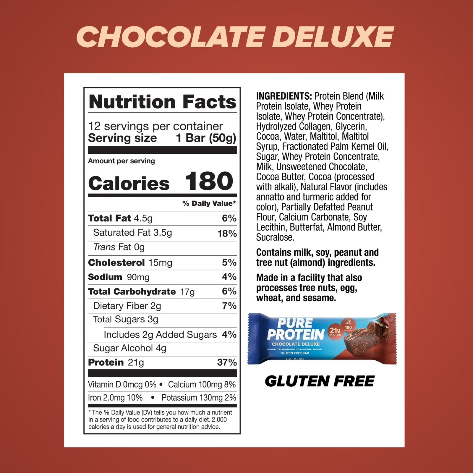 Pure Protein Bars, Chocolate Deluxe, Low Sugar, 21g Protein, 1.76 oz, 12 Count