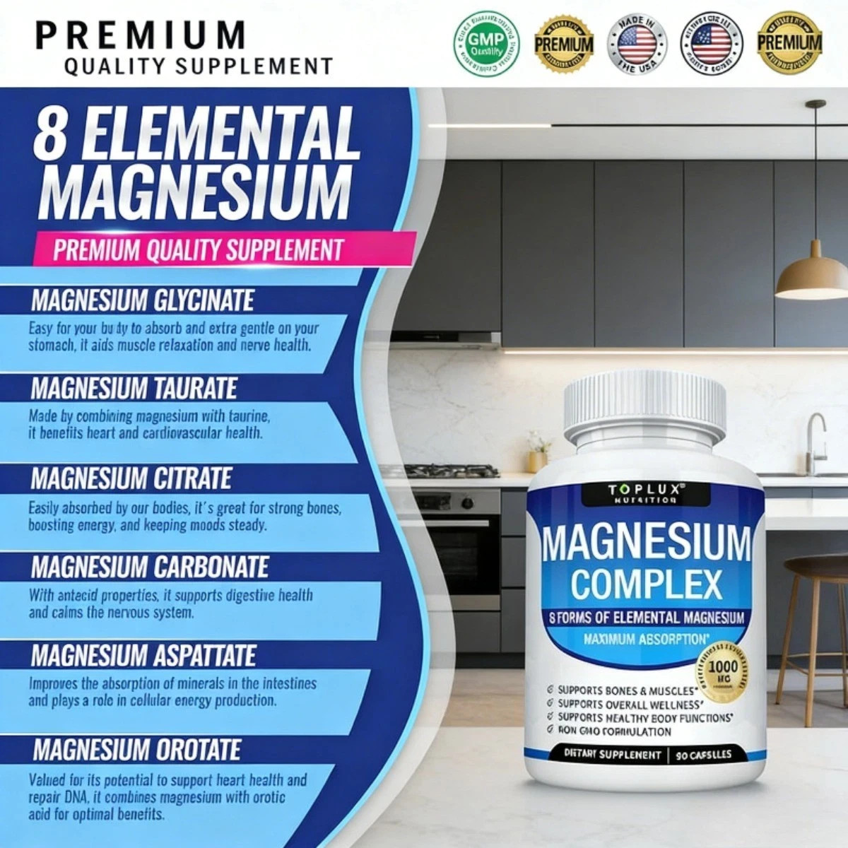 Magnesium complex supplement: 1000mg of 8-element magnesium, 90 capsules
