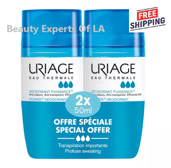 2 X Uriage Power 3 Anti-Odor Antiperspirant Roll On Deodorant 50mI Exp 06/2027