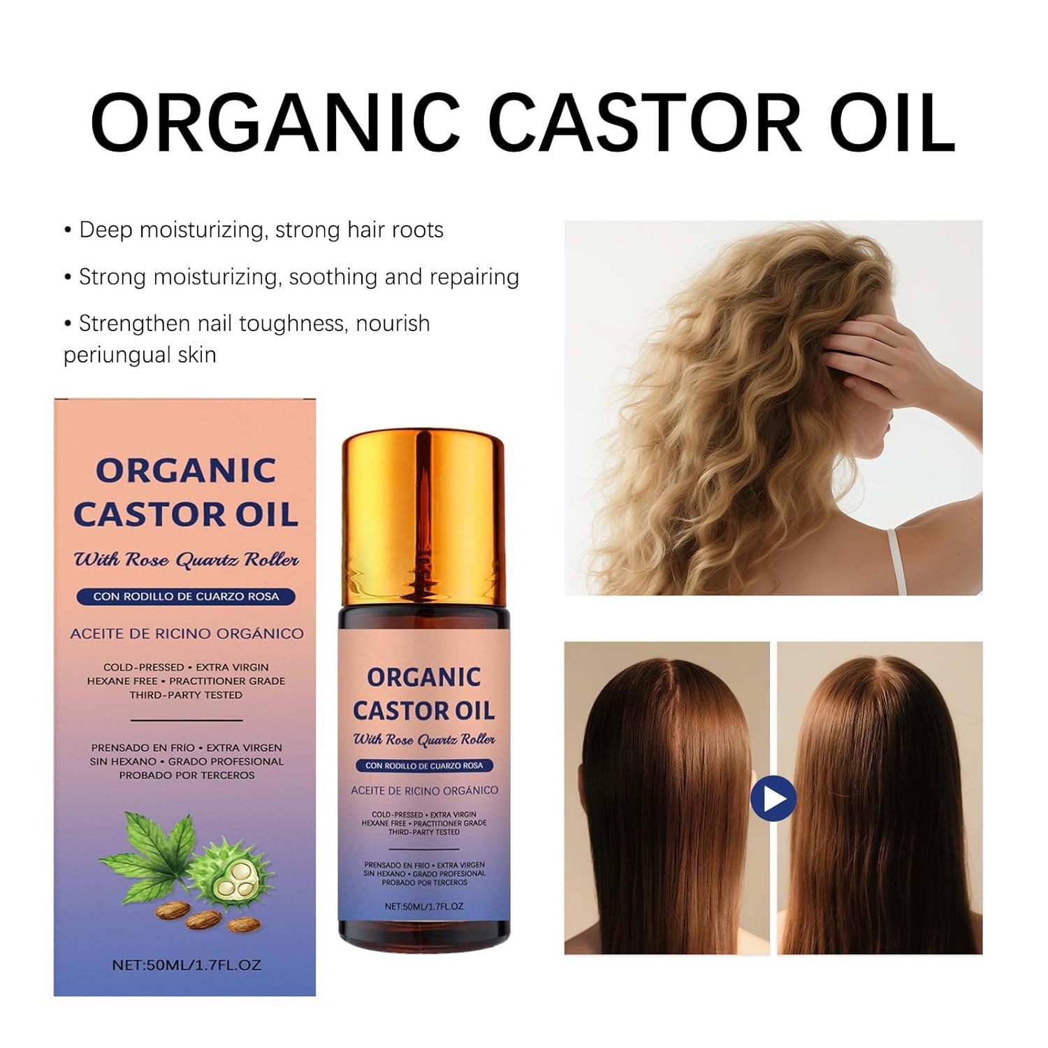 Organic Golden Castor Oil Roll-On with Rose Quartz for Skin,Hair Growth&Wrinkle