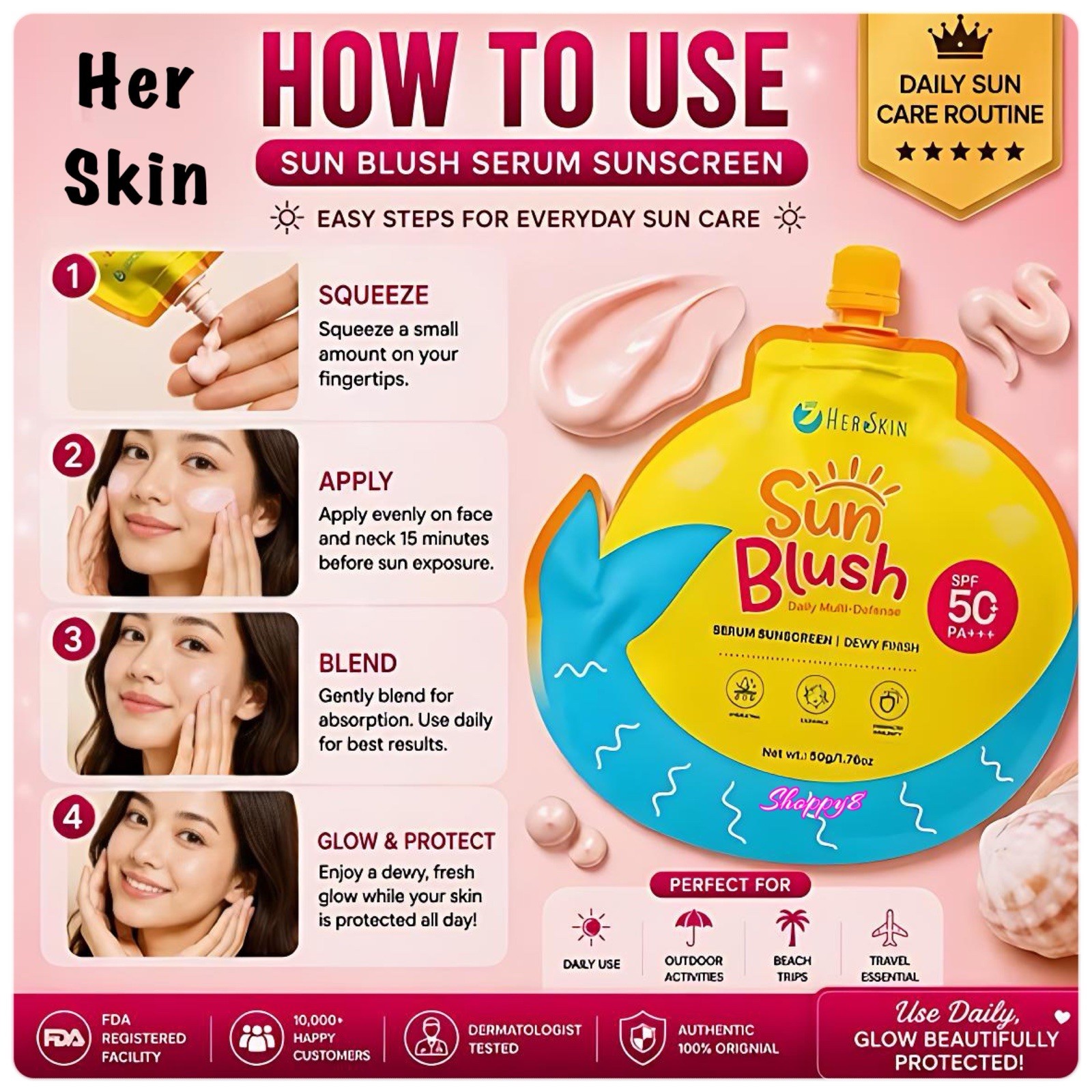 HerSkin Sun Blush Serum Sunscreen Dewy Finish SPF50 PA+++ (50g)
