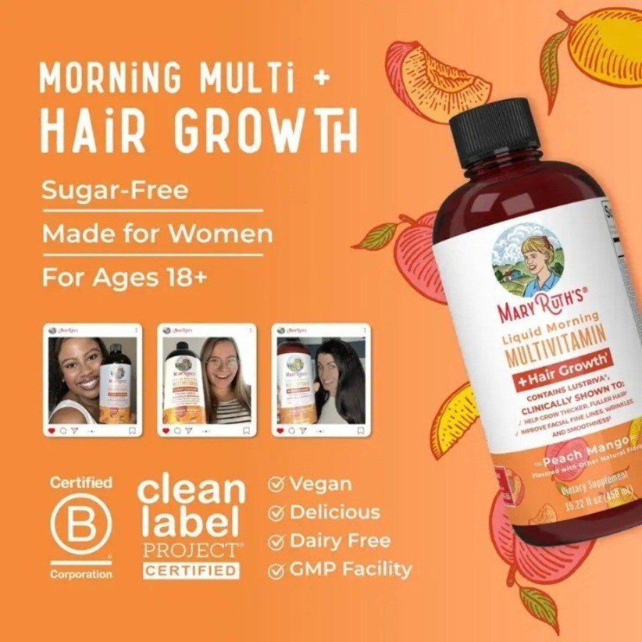 MaryRuth’s Liquid Multivitamin Hair Growth 450mL Peach Mango – 1/2/3 Bottles