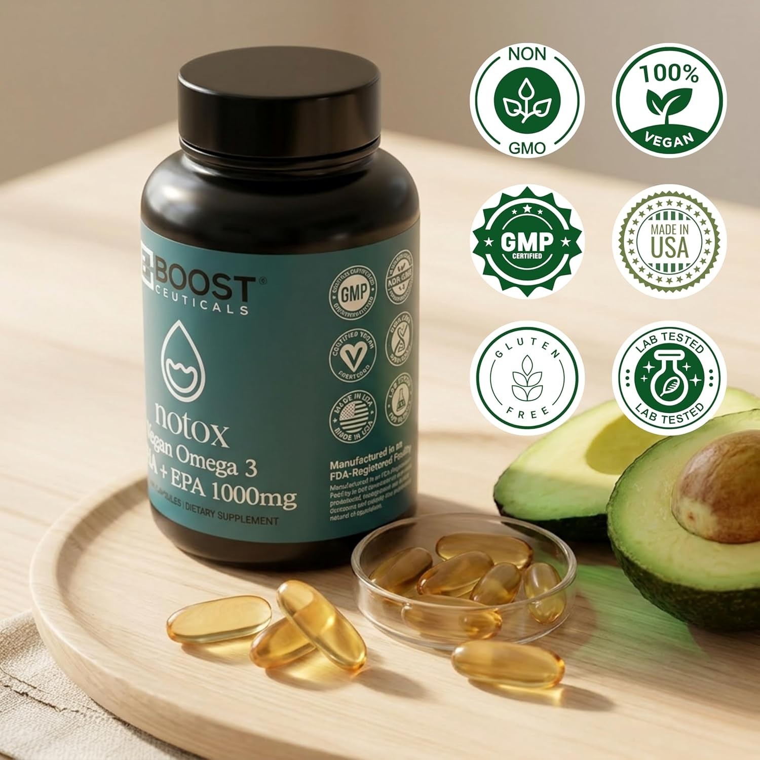 BoostCeuticals Notox Vegan Omega 3 DHA + EPA 1000mg Algae Oil -60 day Supply –
