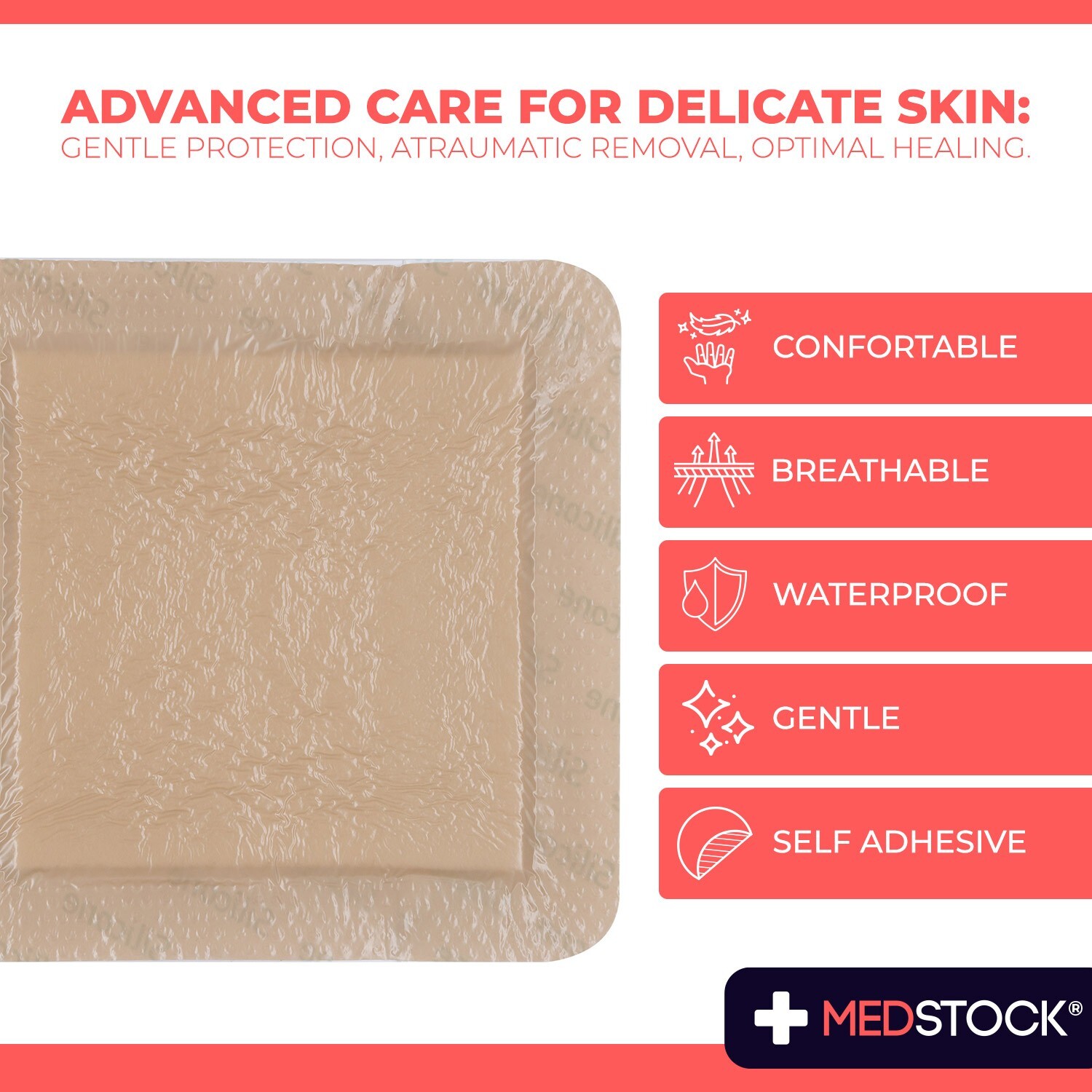 MEDSTOCK Silicone Foam Lite Dressing with Border – 6″ x 6″ (Box of 5)
