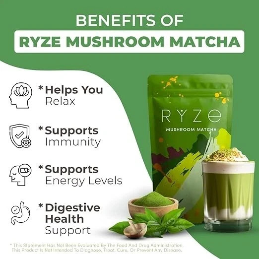 RYZE SUPERFOODS Mushroom Matcha, USDA Organic , 30 Servings EXP: 04/01/2027