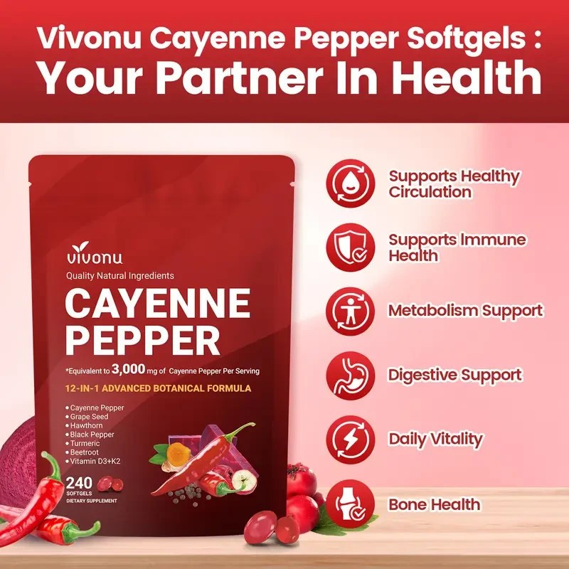 Cayenne Pepper Softgels Supplement, Supports Leg Vein, 240 Softge /1 Bag–