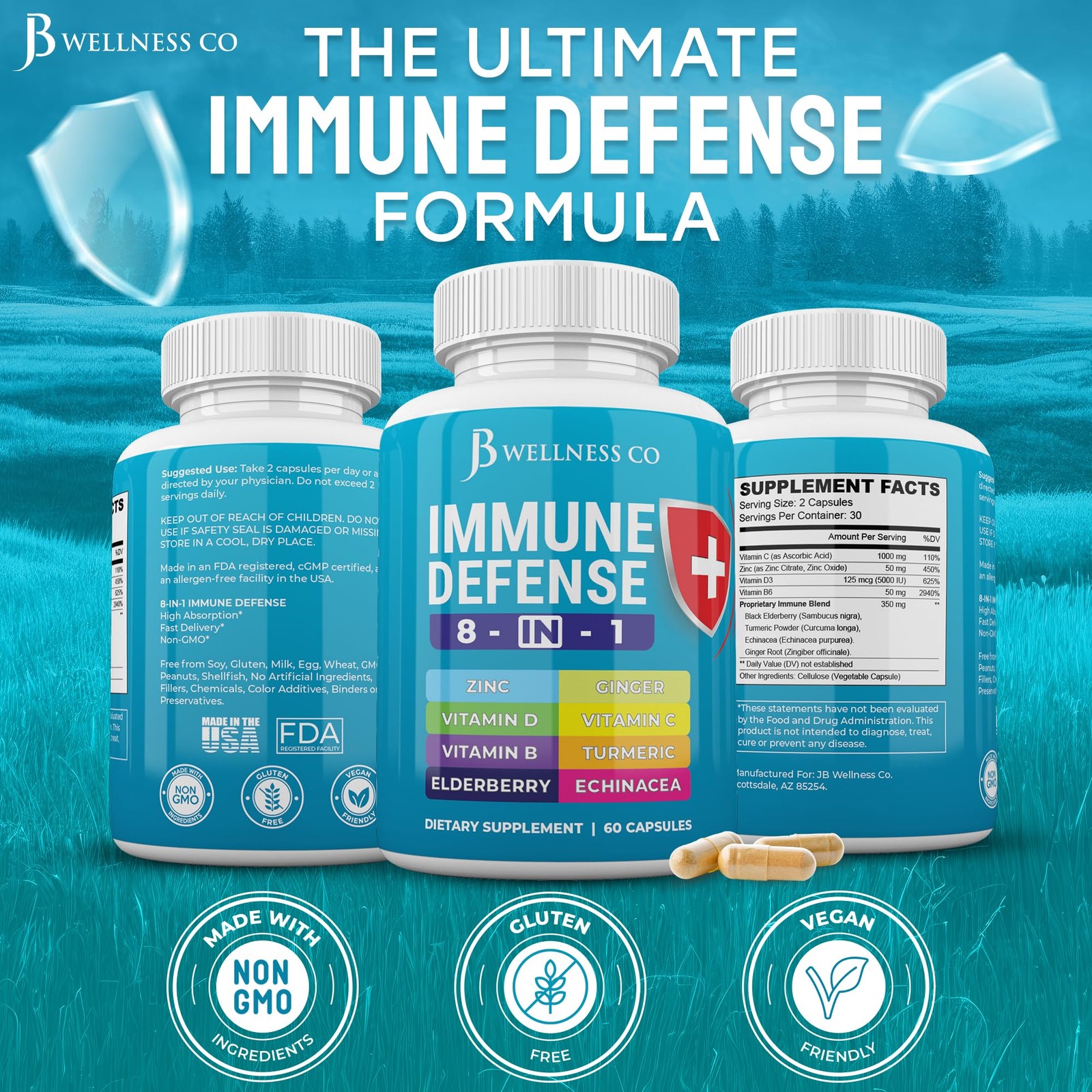 JB Wellness Co Immune Support 8 in 1 Capsules – Zinc 60 Count (Pack of 3)