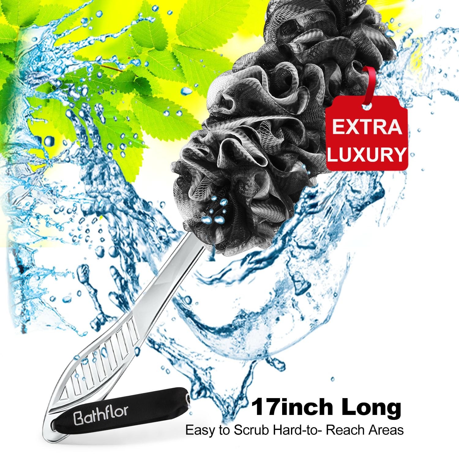 6 PCS Black Charcoal Loofah Set, 4 XL 80g Poufs, 1 Long Handle Back Scrubber