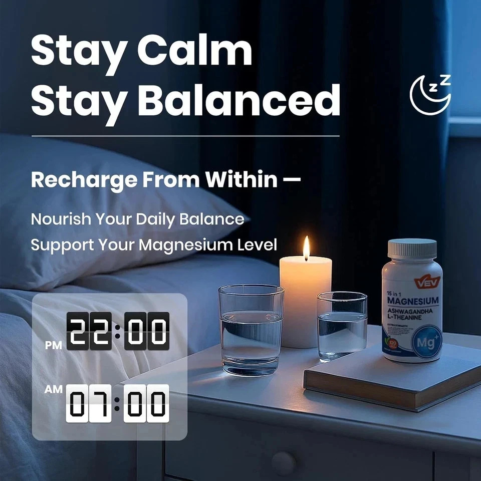 VEV DeepCalm 15 in 1 Magnesium Glycinate & Citrate Complex Capsules.