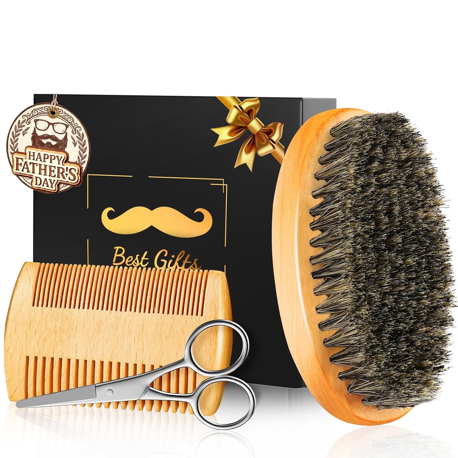 Beard Brush and Comb Set Natural Boar Bristle Grooming Kit for Men Dad Gift