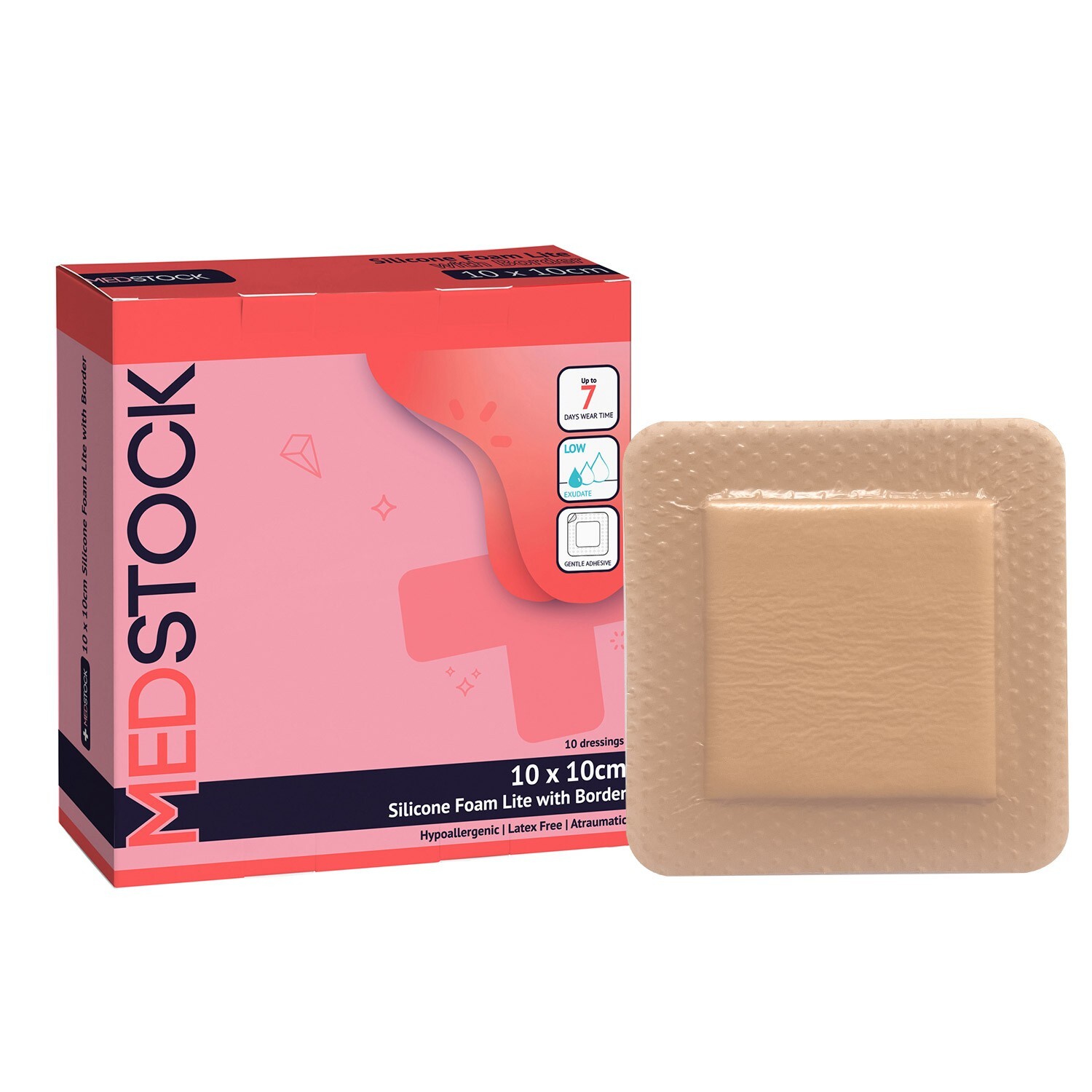 MEDSTOCK Silicone Foam Lite Dressing with Border – 4″ x 4″ (Box of 10)