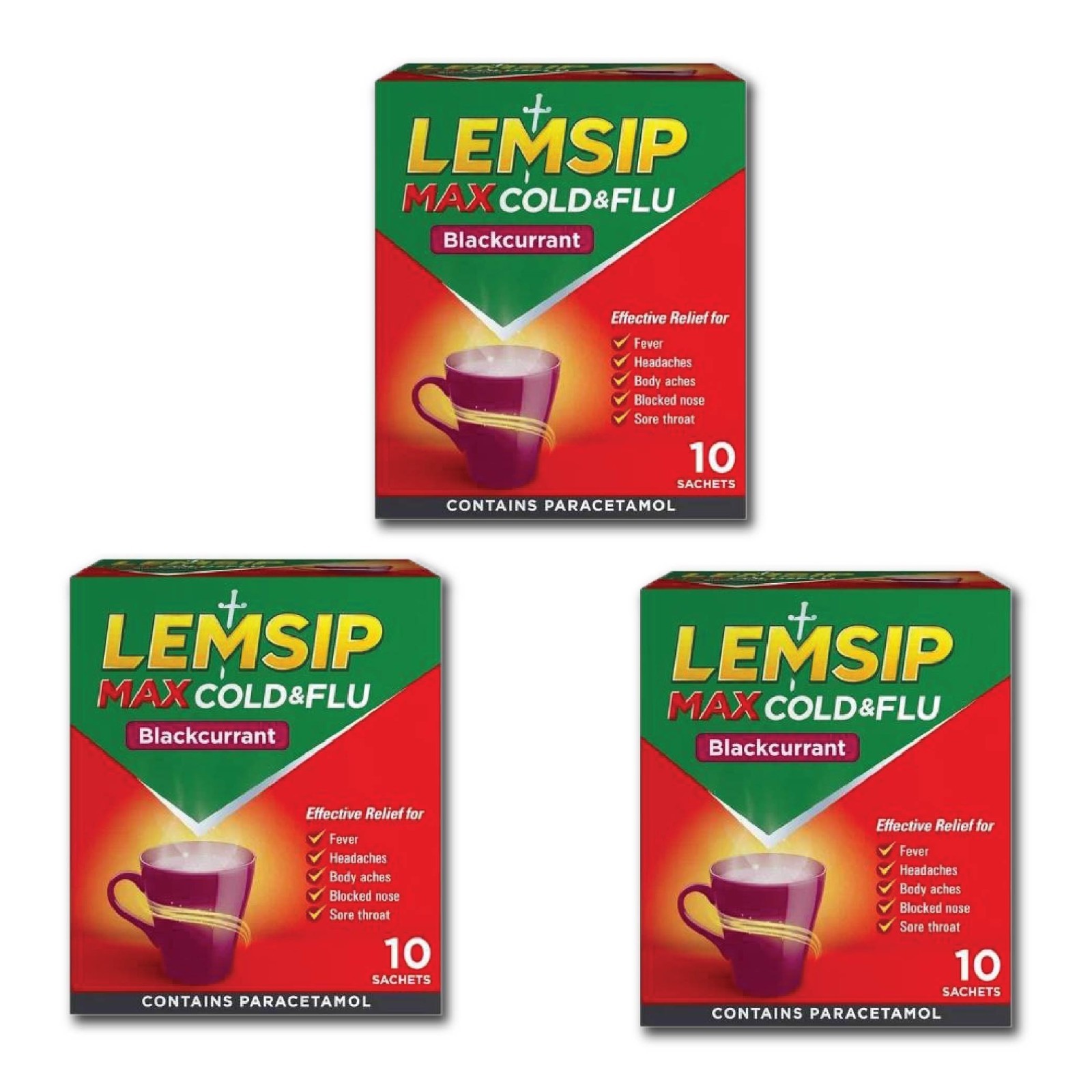 LEMSIP Max Cold & Flu Sachets Blackcurrant 10ct PACK OF 3