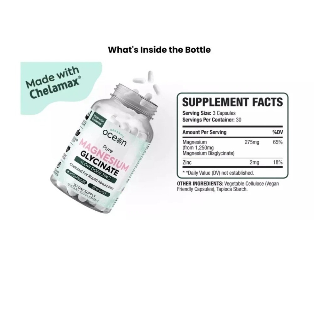 3 Pack Organic Ocean Pure Chelated Magnesium Glycinate with Zinc, Supplement