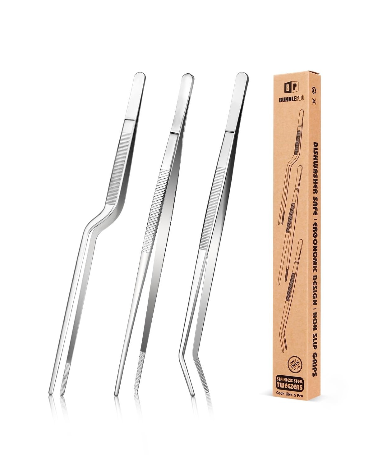 Professional Stainless Steel Cooking Tweezers Set – 10″ Long Food Tongs for Plat