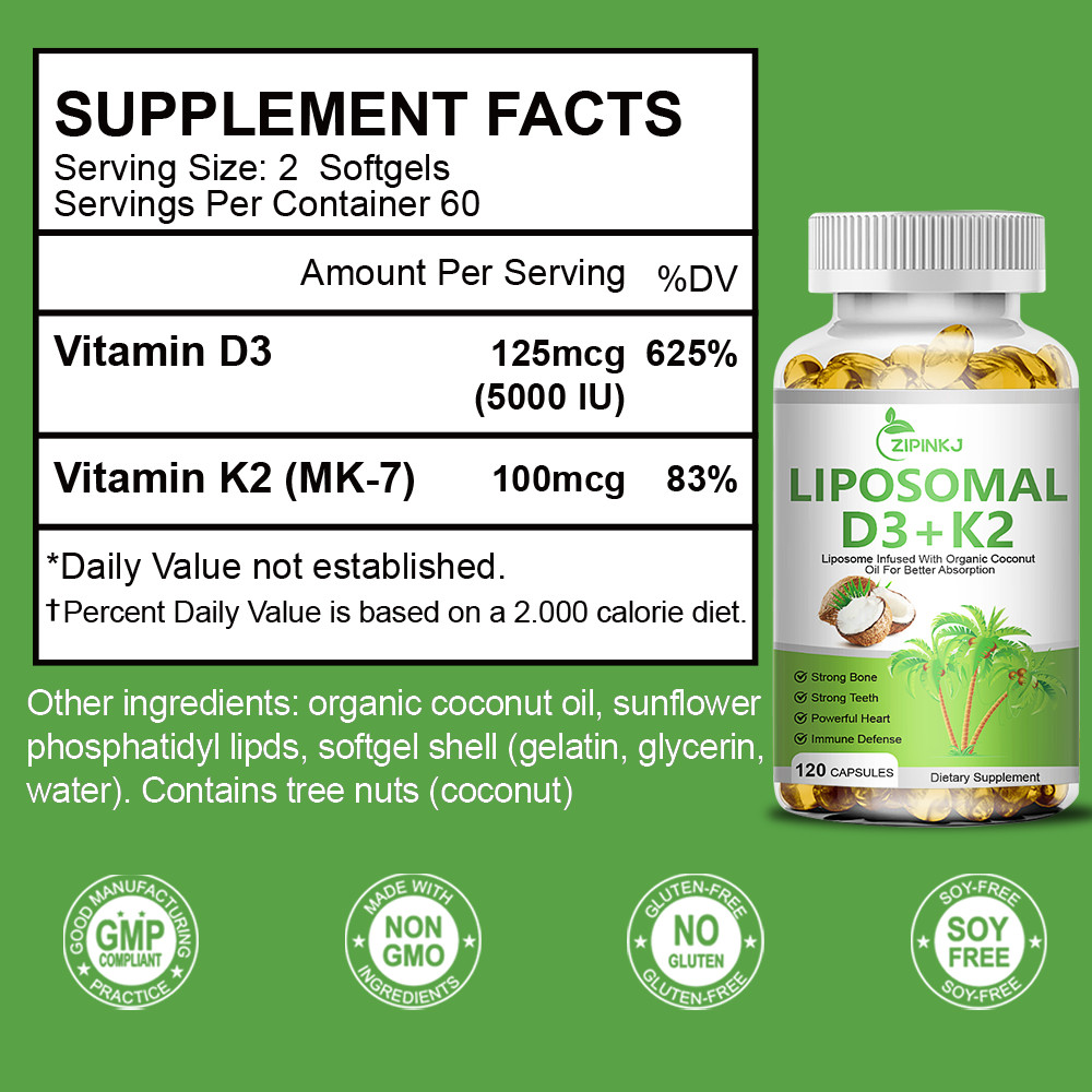 Liposomal Vegan Vitamin D3 5000 IU K2 MK7 100 mcg Softgels, 120 Capsules
