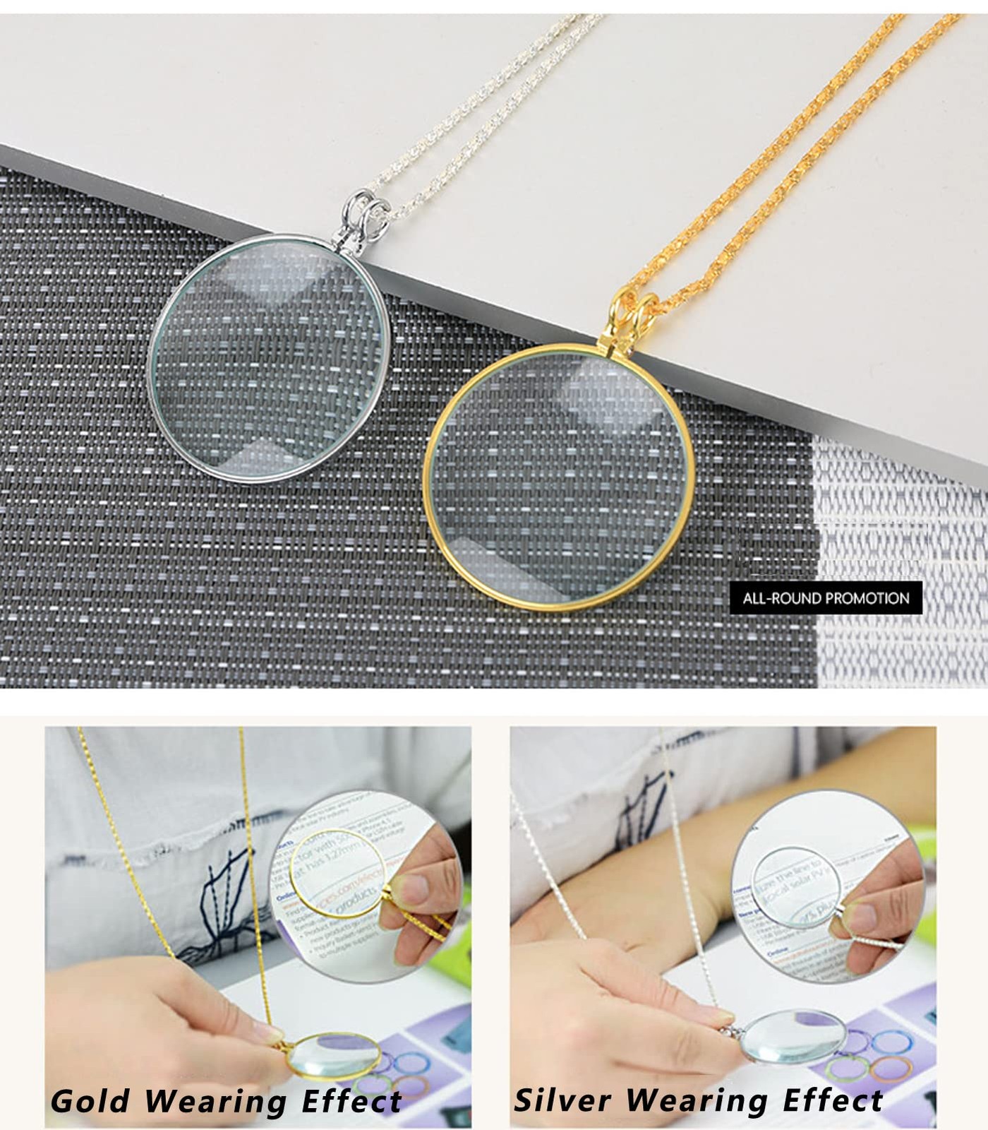 Magnifying Glass Necklace Monocle 5X 1.6in Lens 35.4in Long Chain Gold
