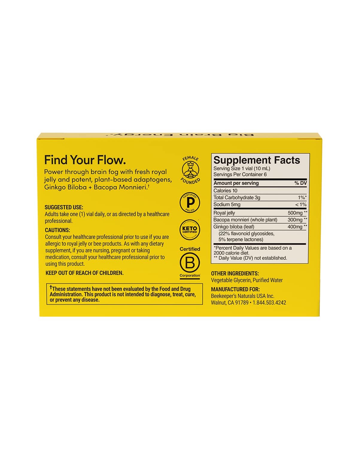 BEEKEEPER’S NATURALS B.LXR Brain Fuel – Memory, Focus and 6 Count, Honey