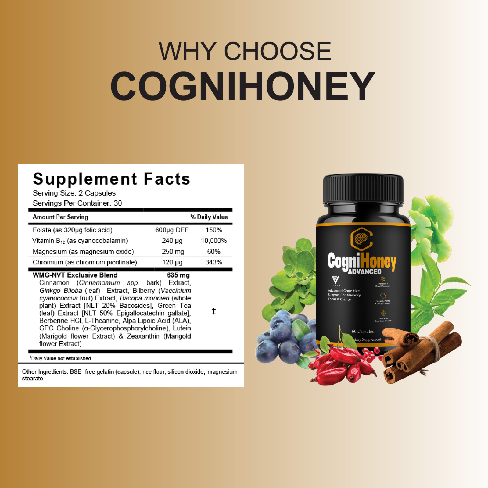 (5 Pack) CogniHoney Advanced Capsules, Cogni Honey Supplement (300 Capsules)