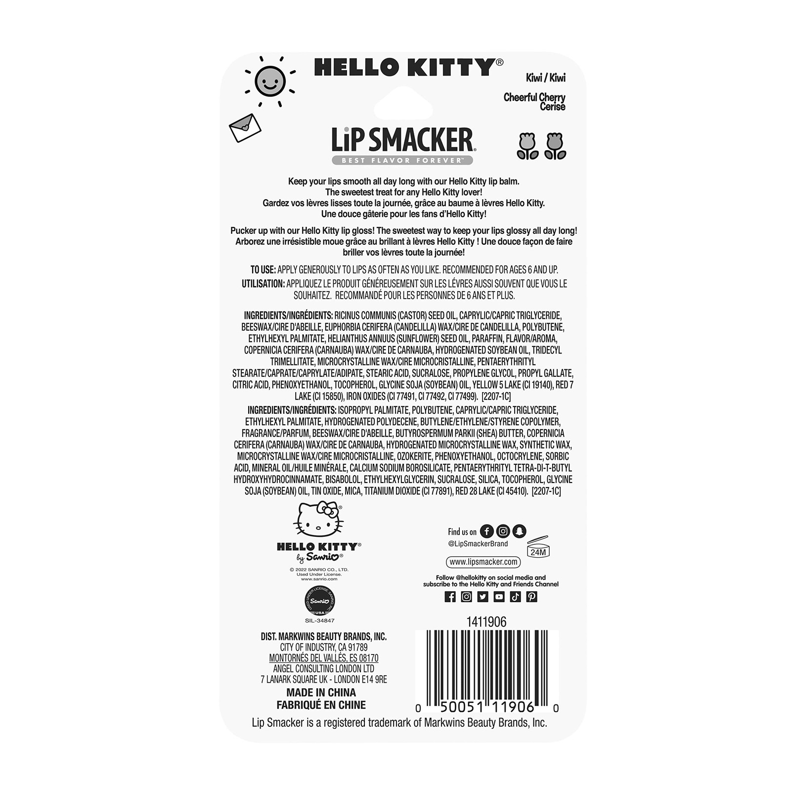 Lip Balm Sanrio Hello Kitty Flavored Moisturizing Soft Shine Smacker Lippy Pals