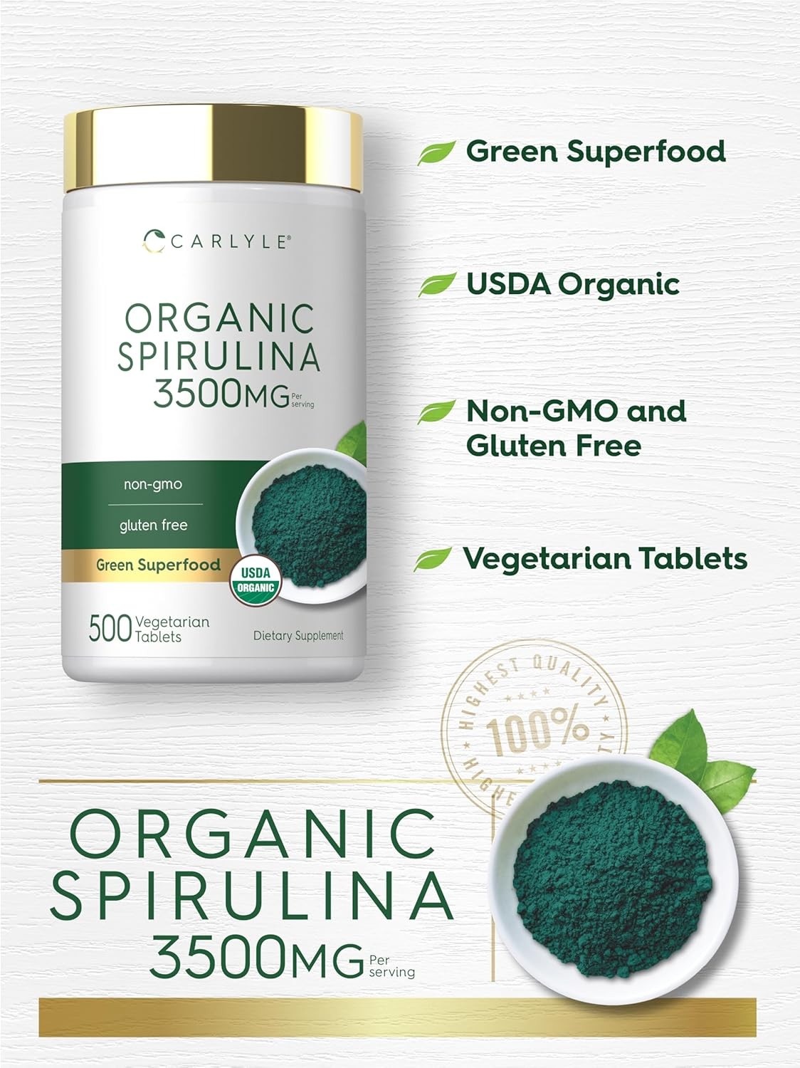 Organic Spirulina Tablets 3500mg | 500 Count | Vegetarian, Non-GMO | by Carlyle