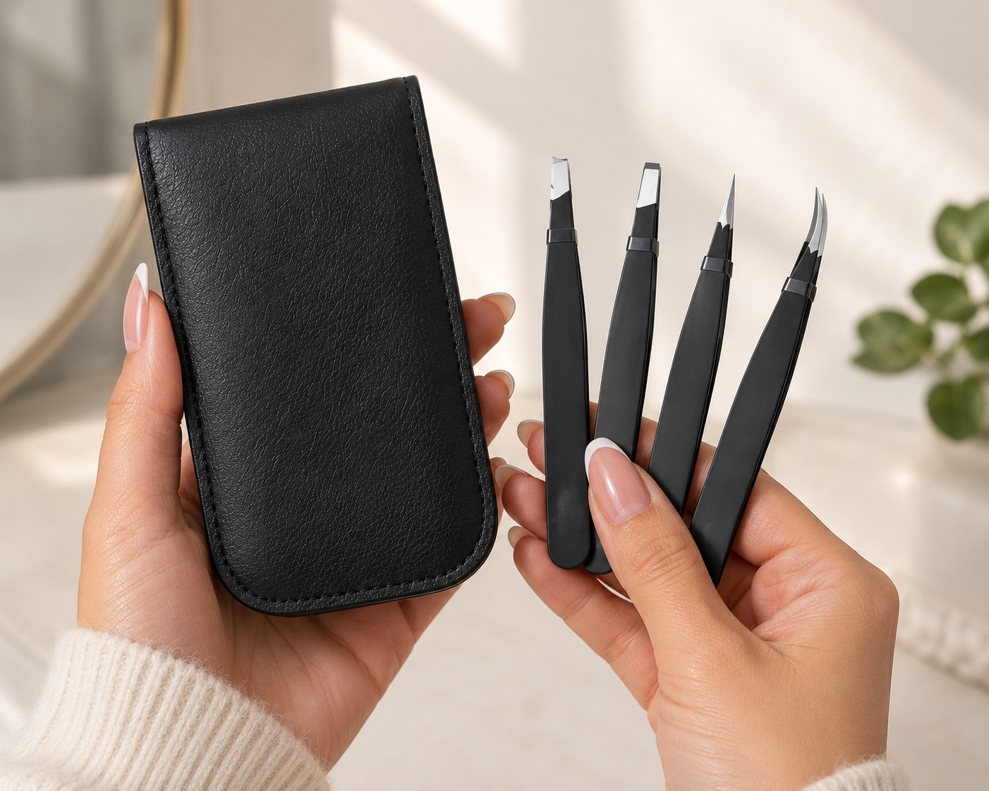 Professional Tweezers Set 4-Piece Black Plucker Stainless Steel