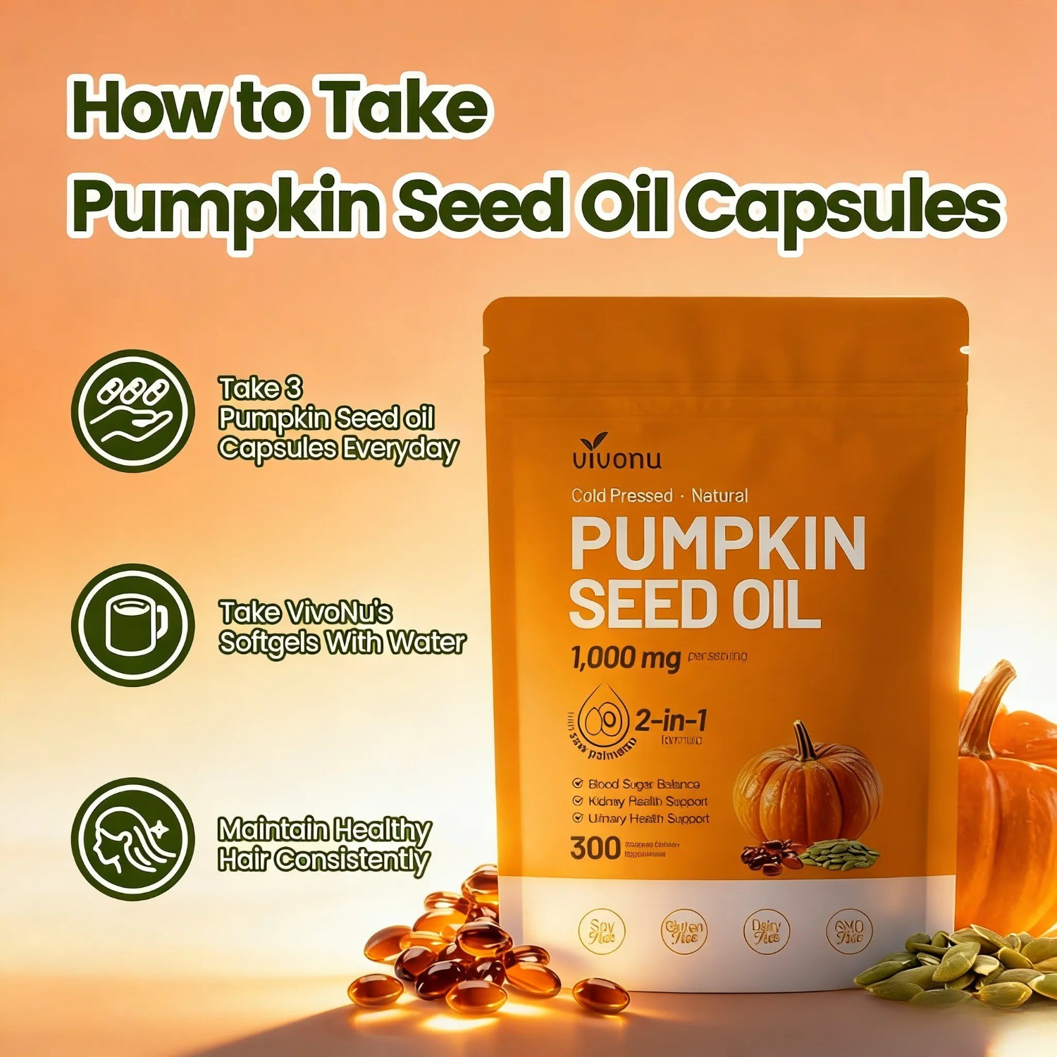 Prostate & Hair Health Support.1000mg Pumpkin Seed & Saw Palmetto, 300 Softgels