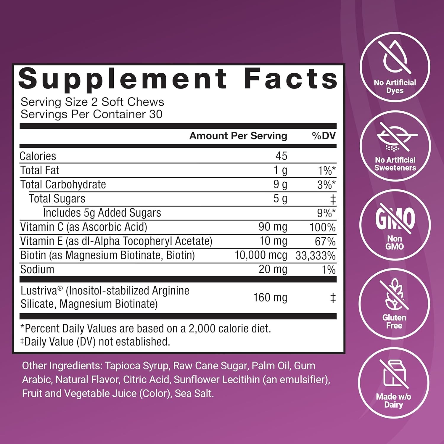 Hair Growth Accelerator Soft Chews Force Factor Lustriva Biotin 60 Mixed Berry