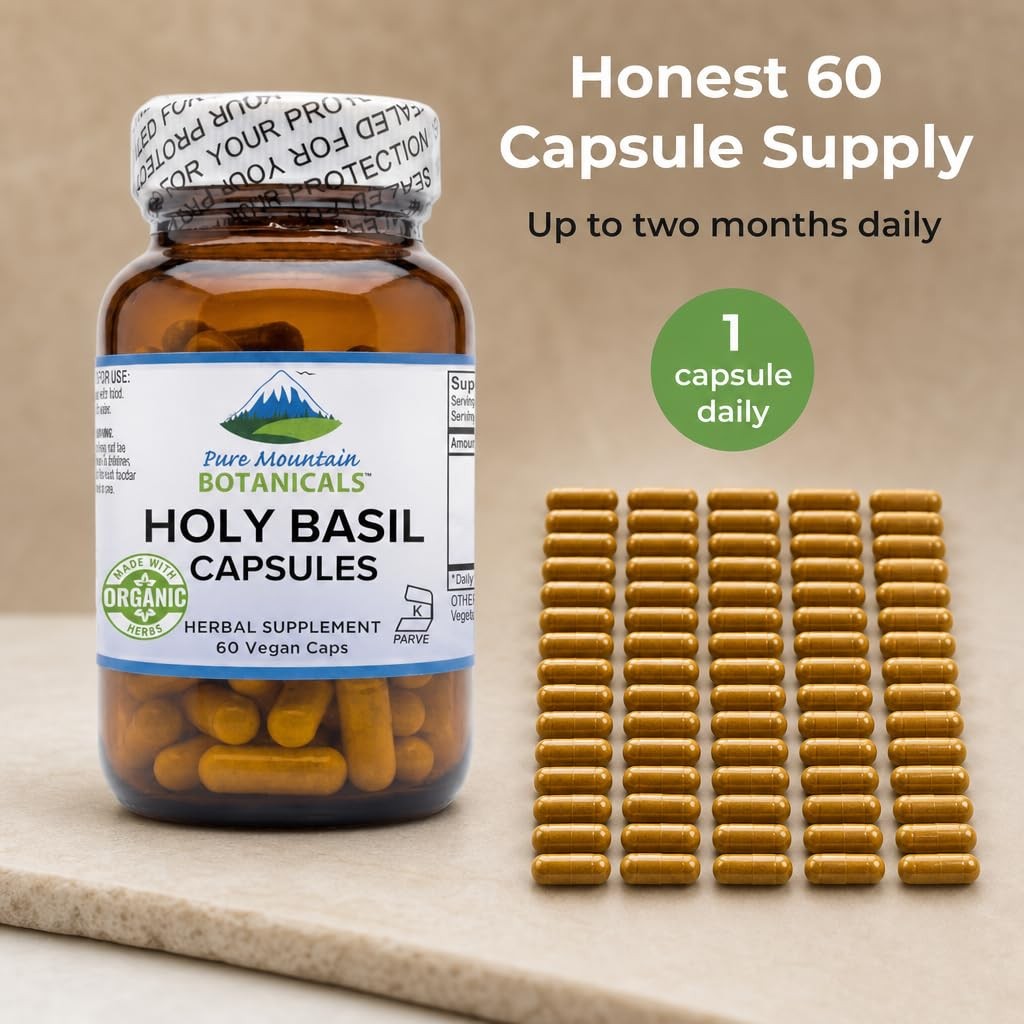 Pure Mountain Botanicals Holy Basil Supplement – Kosher Organic Tulsi Capsules