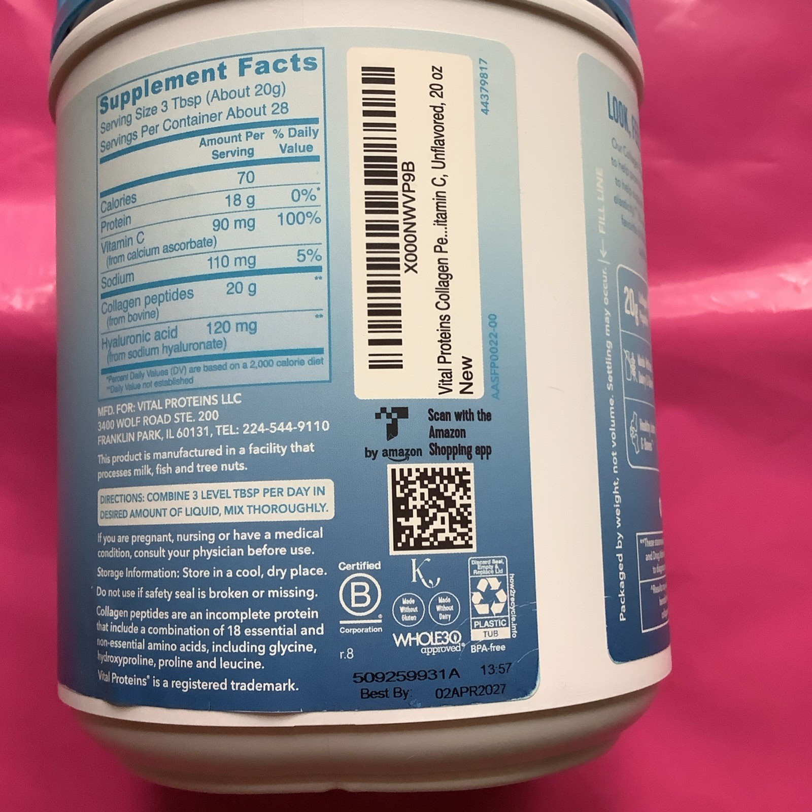 Vital Proteins Collagen Peptides Advanced Unflavored Hyaluronic Acid Vit C, 20oz
