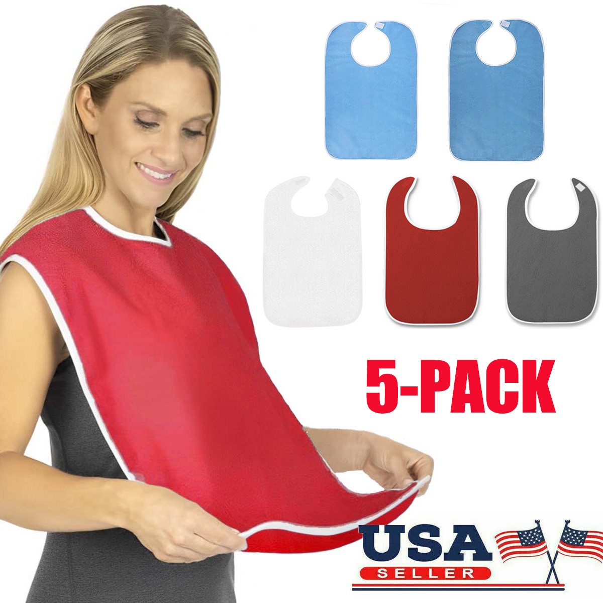 5PCS Adult Bibs for Eating Women/Men Bib-Washable Reusable Antifouling US