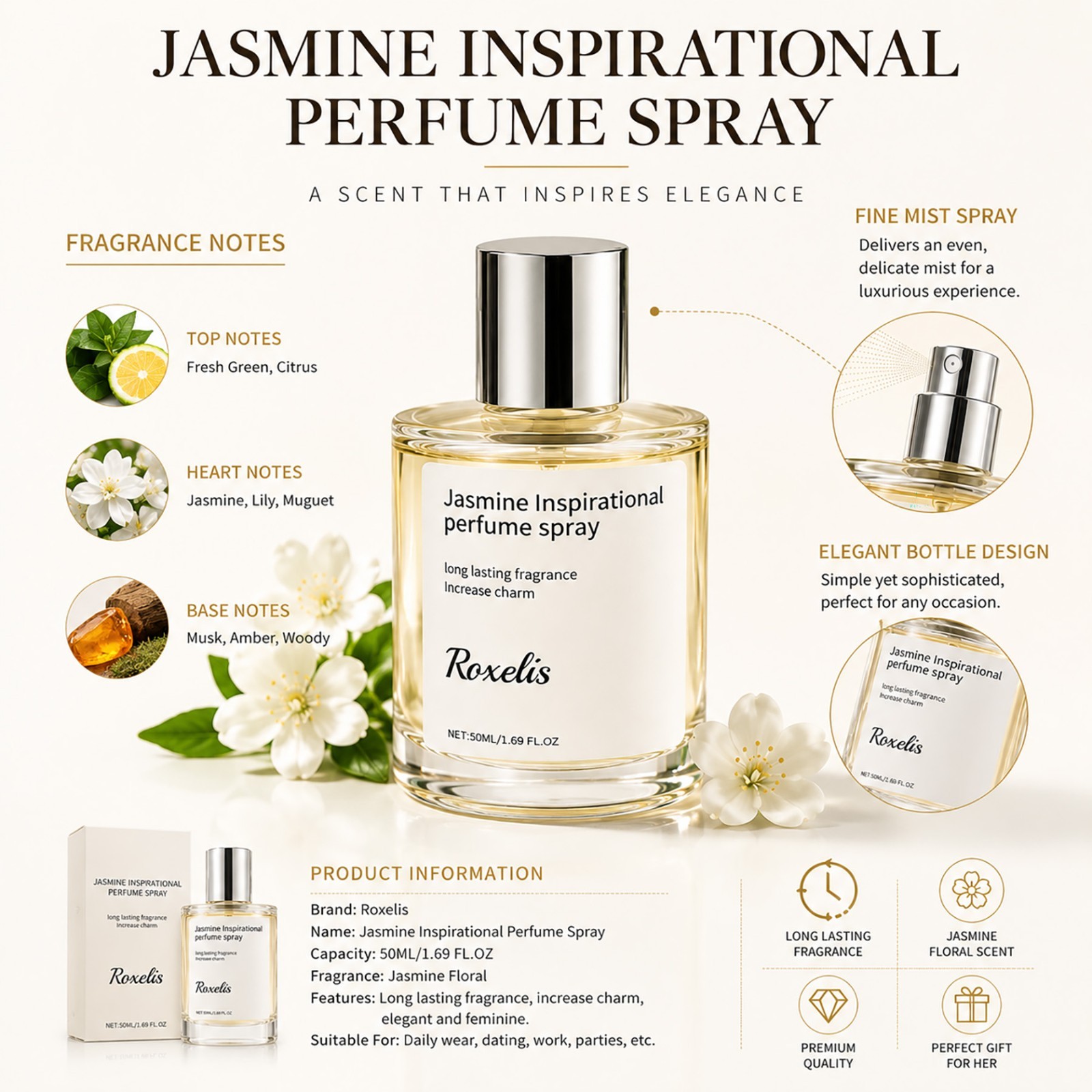 Long Lasting Jasmine Perfume for Women Fresh Floral Eau De Parfum Spray 50ML