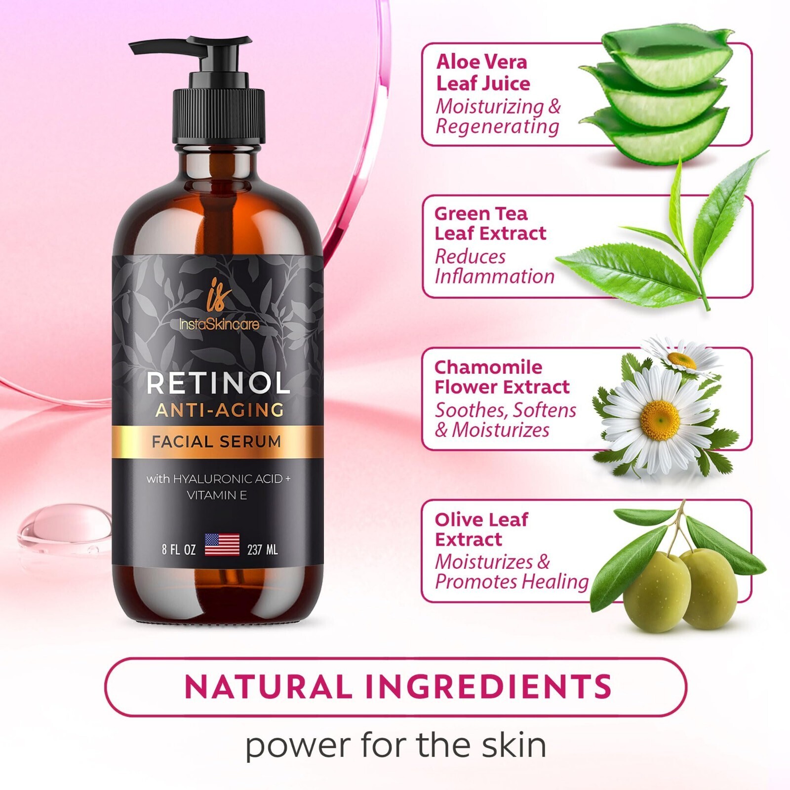 Retinol Serum for Face with Hyaluronic Acid + Vitamin E and A + Aloe Vera (8Oz)