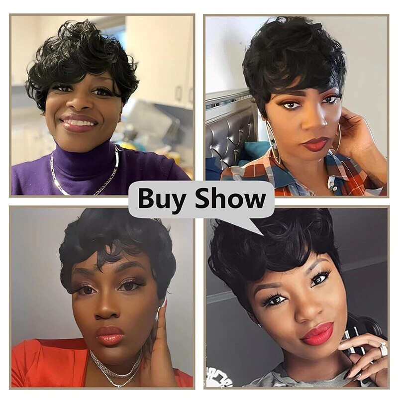 Short Curly Layered Pixie Cut Wigs for Women Human Hair Wave Wigs None Lace USA