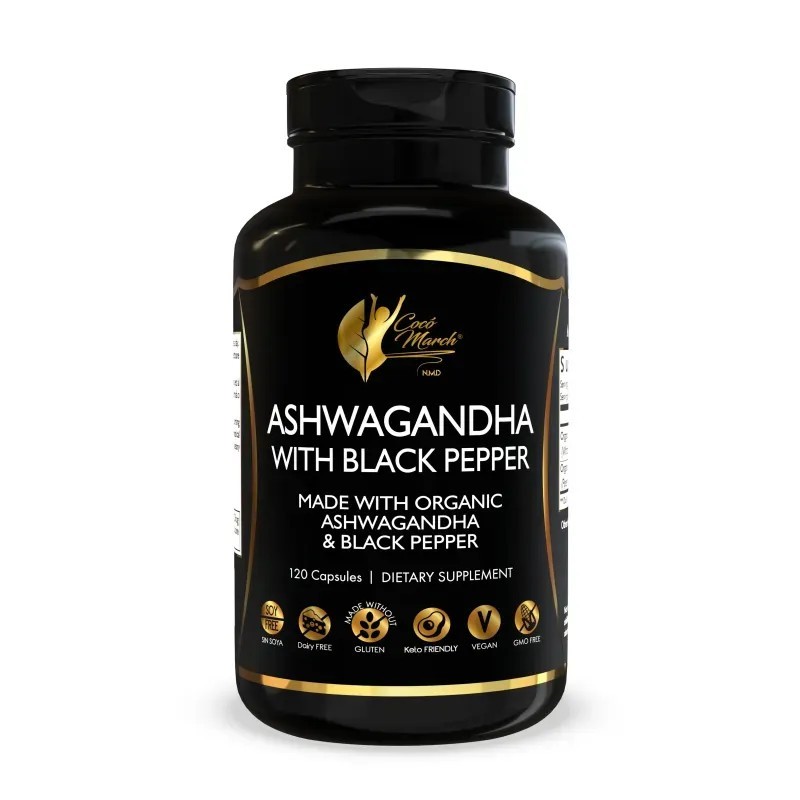Organic Ashwagandha w/Black Pepper – Brand: Coco March – exp: 12/2029 – 1300 mg