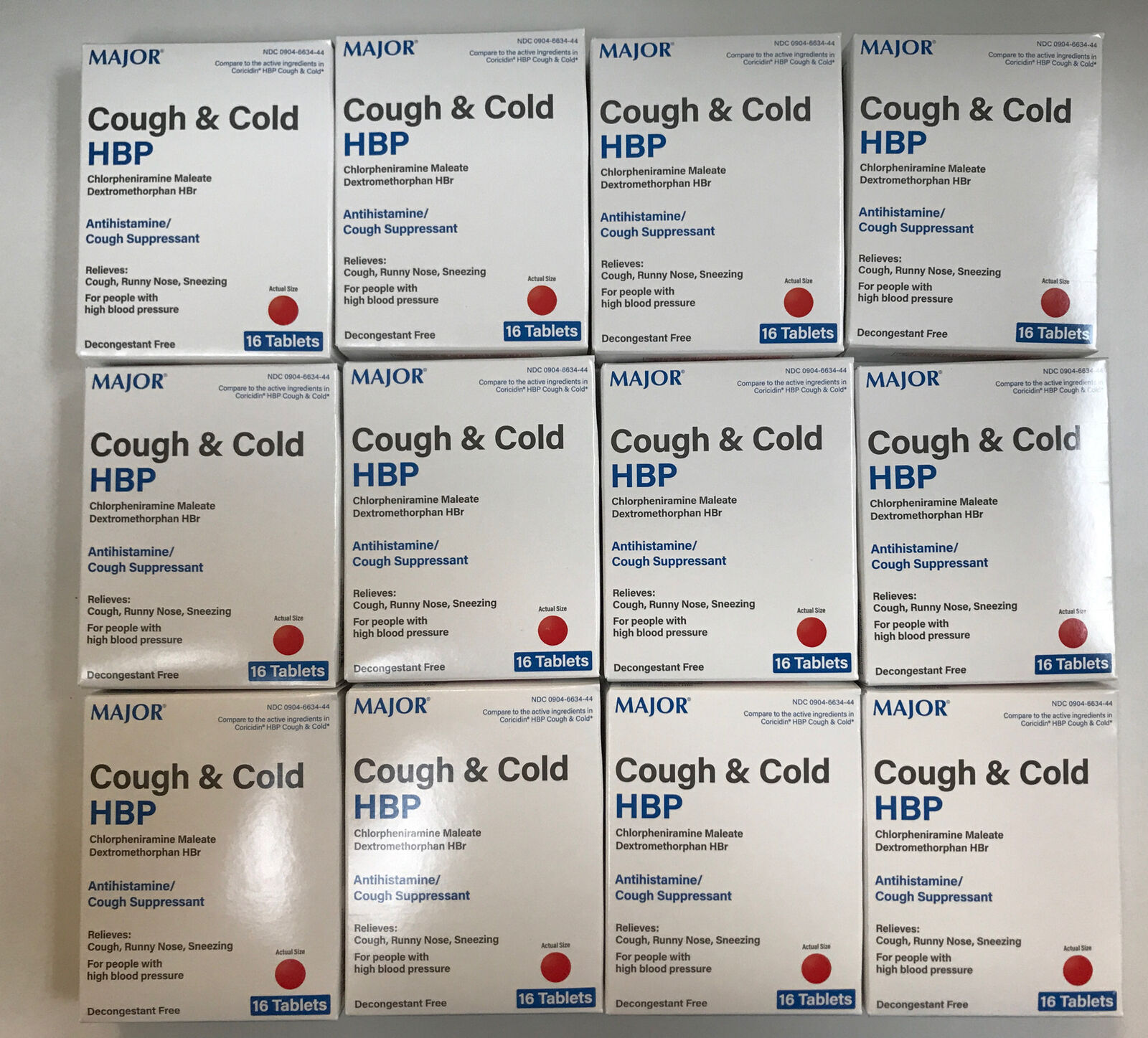 MAJOR Cough & Cold HBP Antihistamine Tablets 16ct/each (12 Pack) Exp:11/24
