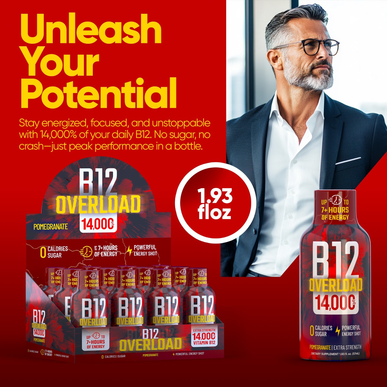 (48 Pack) GAQ B12 Overload Energy Shots, Pomegranate, Up to 7+ Hours of Energy