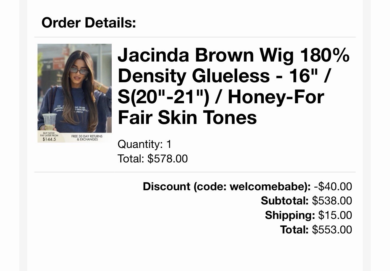 Hairvivi Jacinda 16” 180% Density Human Hair Wig with Honey Lace