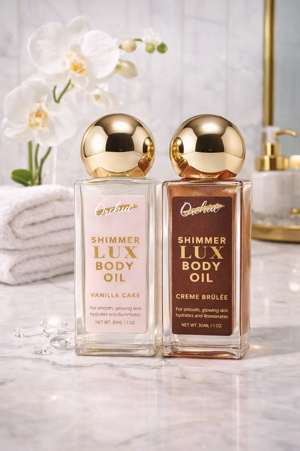 Orchid Shimmer Lux Body Oil Set 2 Vanilla Cake & Creme Brulee Glow