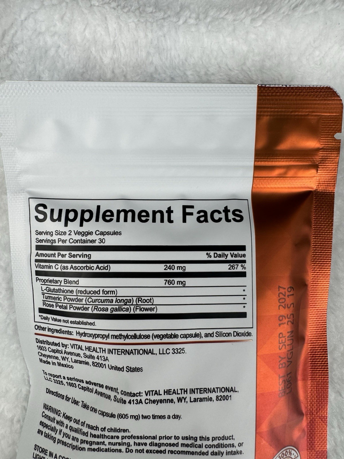 VitalHealth V-Glutathione L-Glutathione Vitamin C Turmeric 60 Veggie Capsules