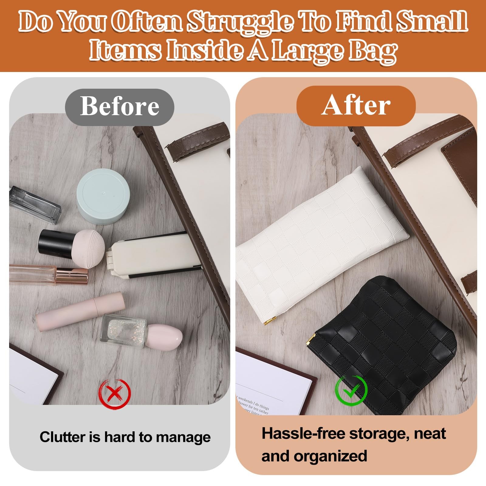 6 Pcs Small Makeup Bag 7.28 × 3.54 Inches/18.5 × 9 Cm, Black, white, brown