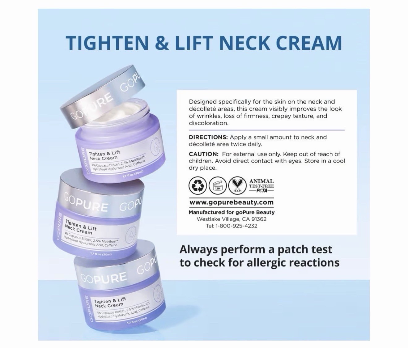 New & Sealed! Go Pure Tighten & Lift Neck Firming Cream 1.7 Oz 50ml Exp. 3/2028