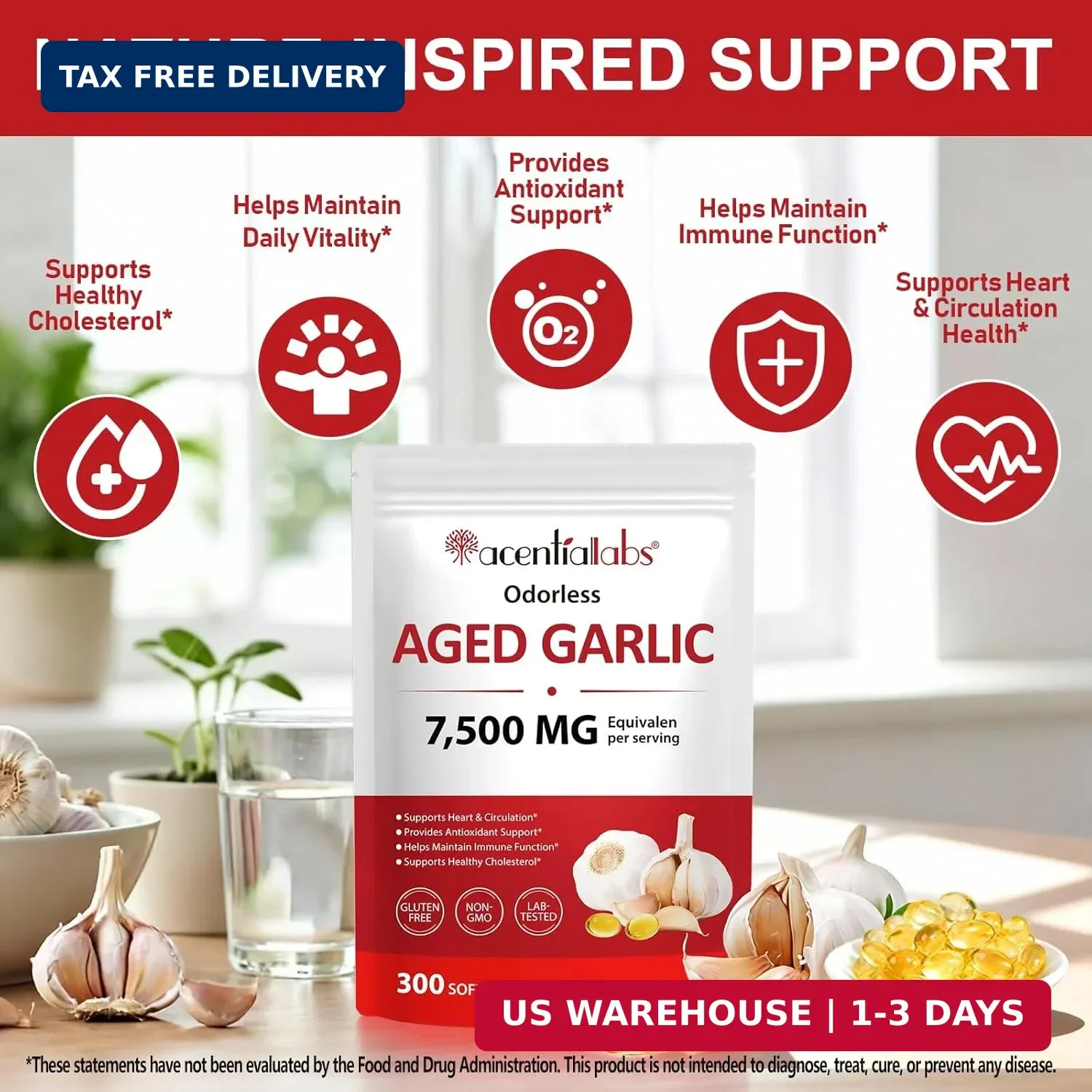 Odorless Garlic 7500Mg per Servings, 300 Softgels | 2 Years Aged Garlic Extra…