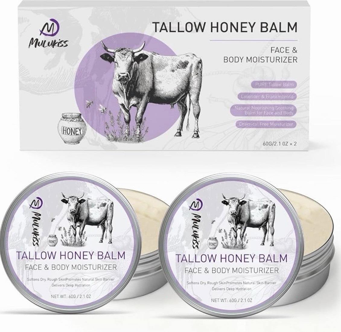 Mulkiss Tallow Honey Balm Hydrating Face & Body Moisturizer Lavender 2.1oz