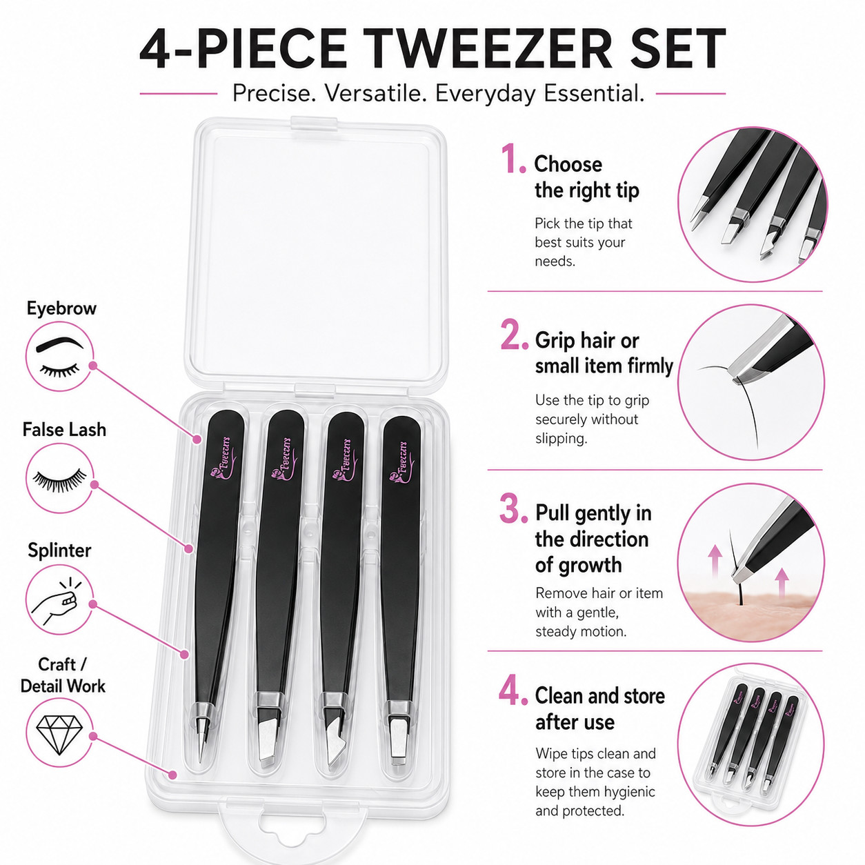 4PCS Precision Tweezers Set Stainless Steel Eyebrow Hair Removal Grooming Tools