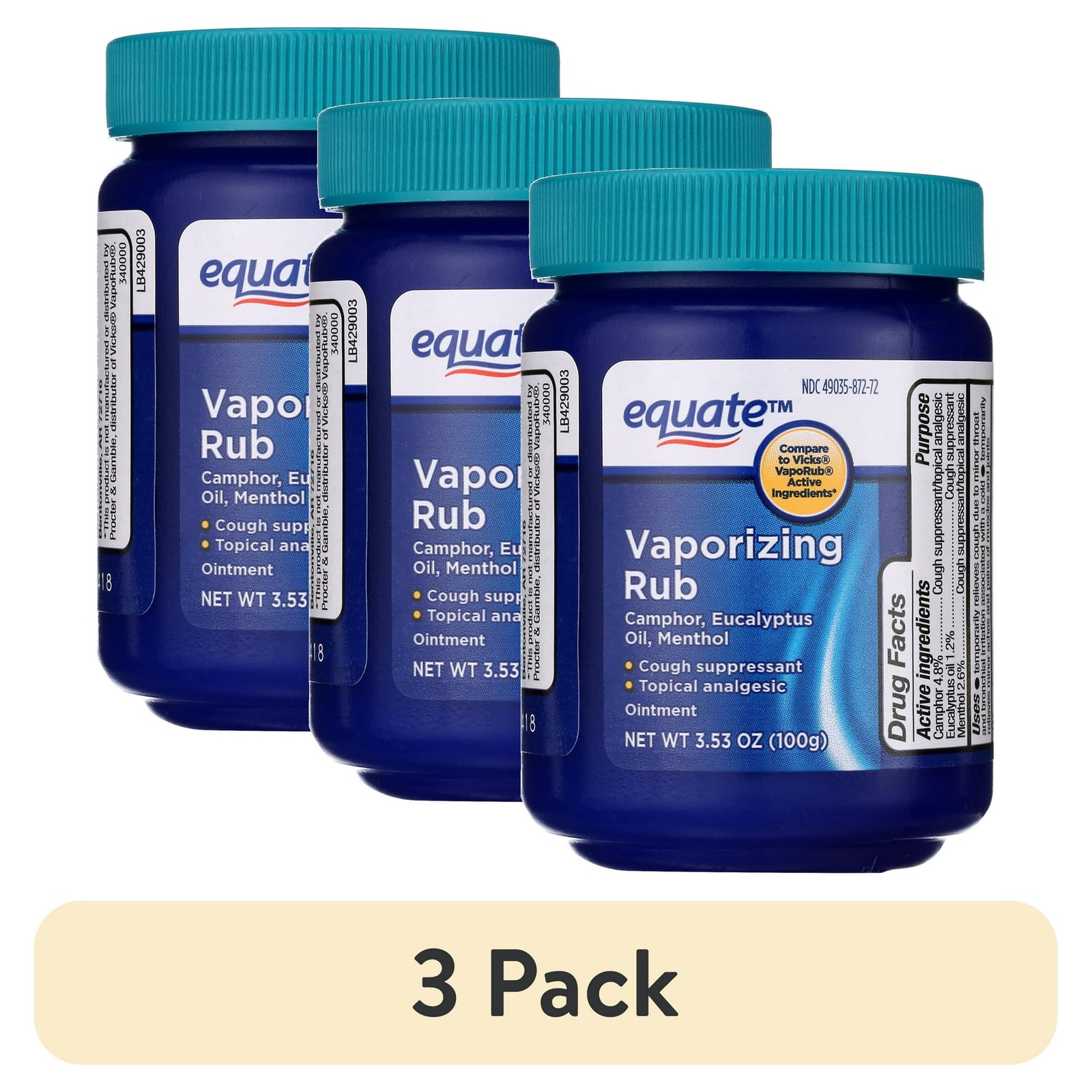 3 Pack Equate Vaporizing Rub Ointment 3.53oz Compare to Vicks Vaporub Active…
