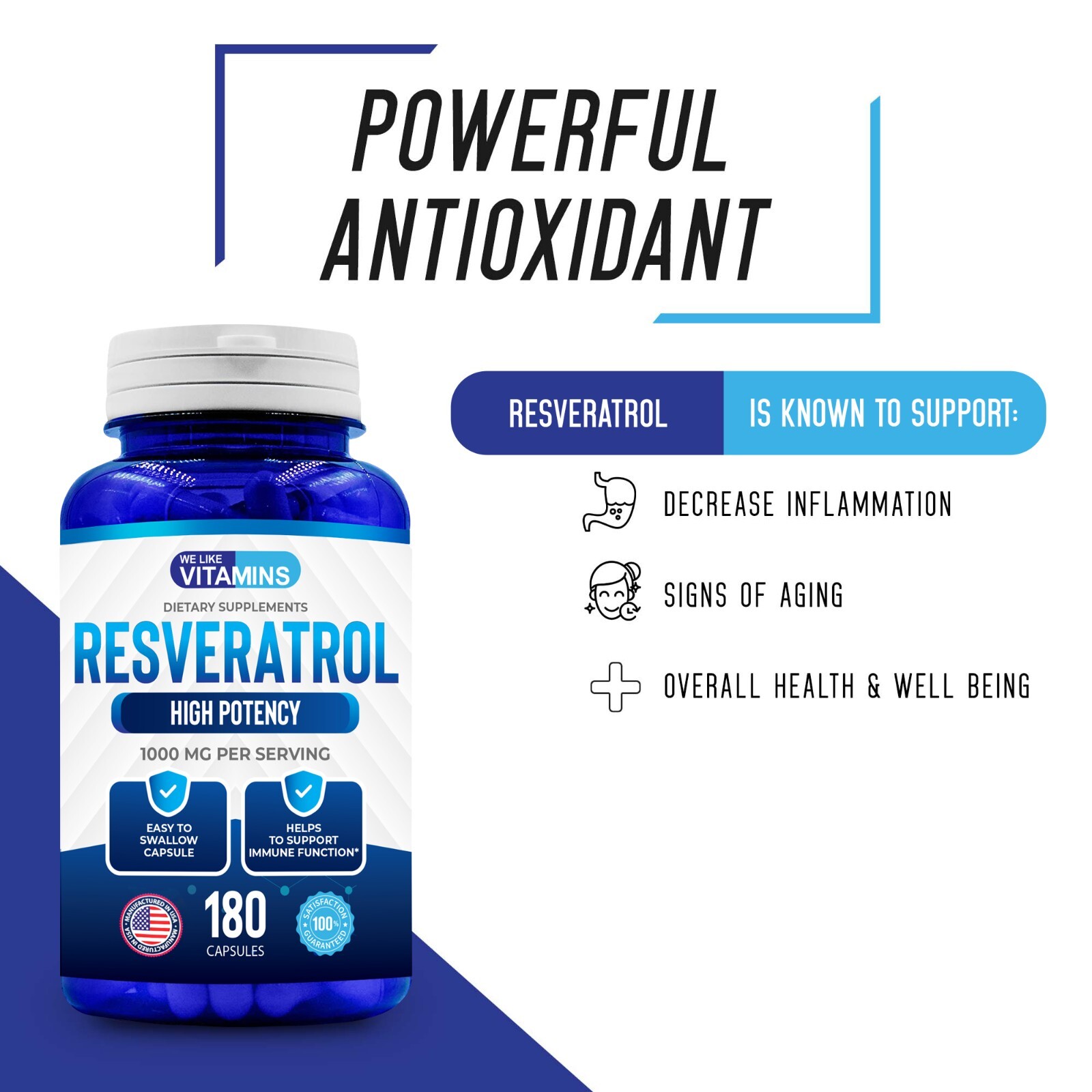 Resveratrol Capsules 1000mg Serving 180 Capsules Anit-Aging and Cardiovascular