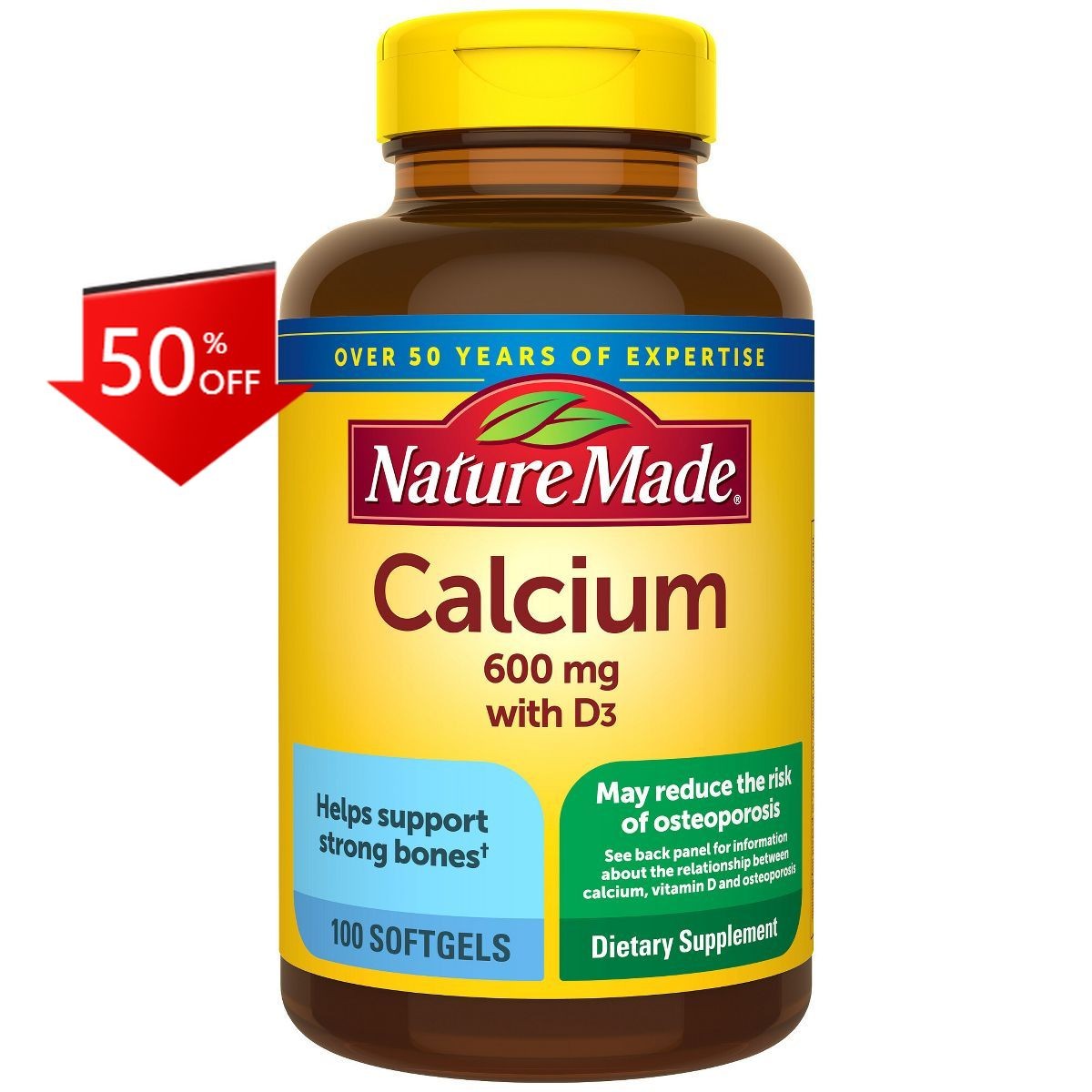 Nature Made Calcium 600mg Softgels with Vitamin D3 for Bone Support – 100ct