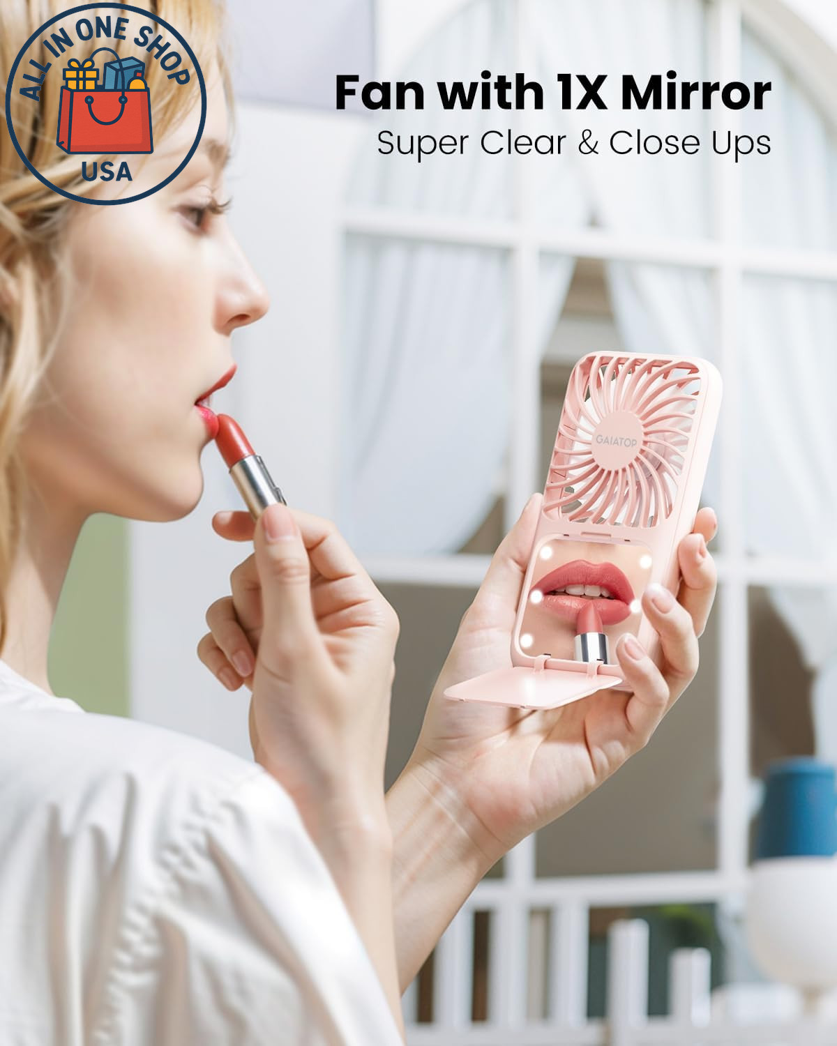 Portable Handheld Fan with LED Mirror and Rechargeable Battery