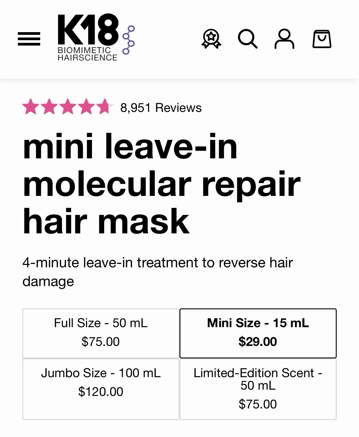 K18 Leave In Molecular Repair Hair Mask 15mL NEW Authentic Hair Treatment