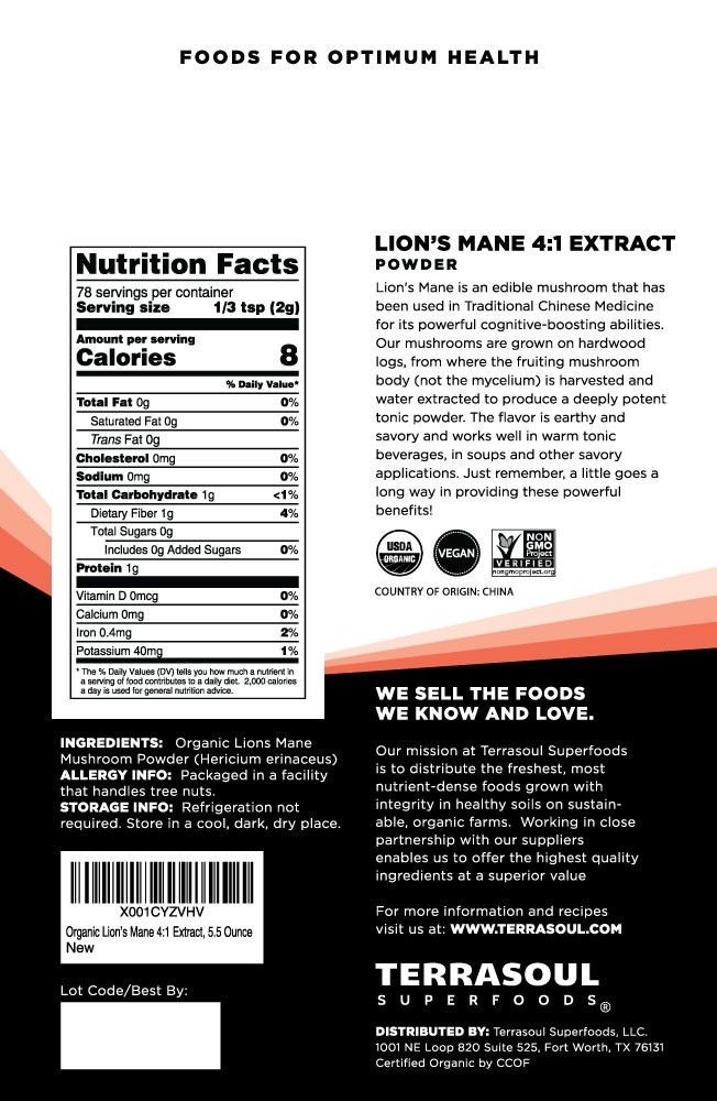 Organic Lion’s Mane Mushroom Powder 4:1 Extract – 5.5 oz Superfood Supplement